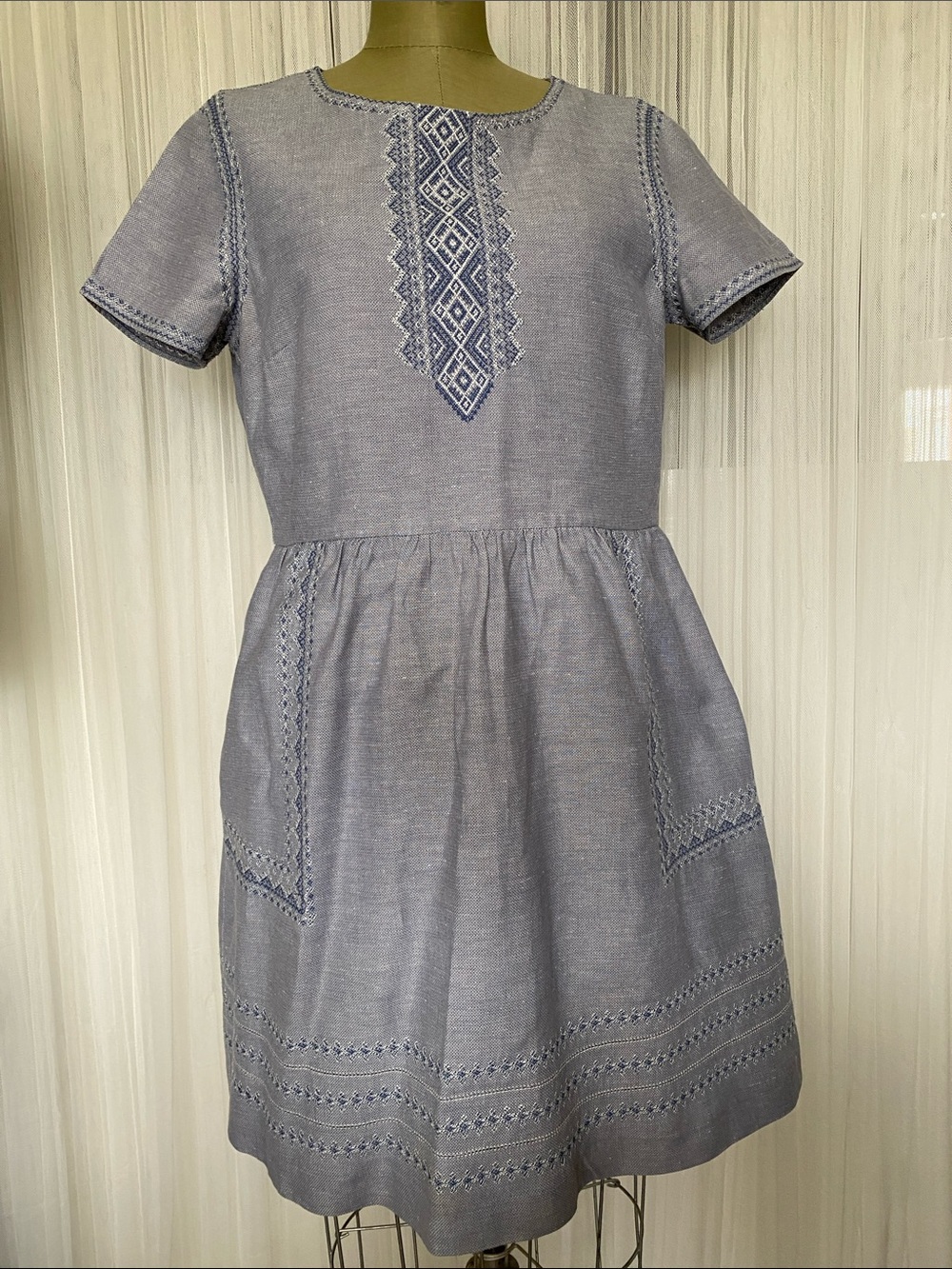 Madewell Embroidered Women Short-Sleeve Dress in Light Blue Size 10 - Picture 4 of 14